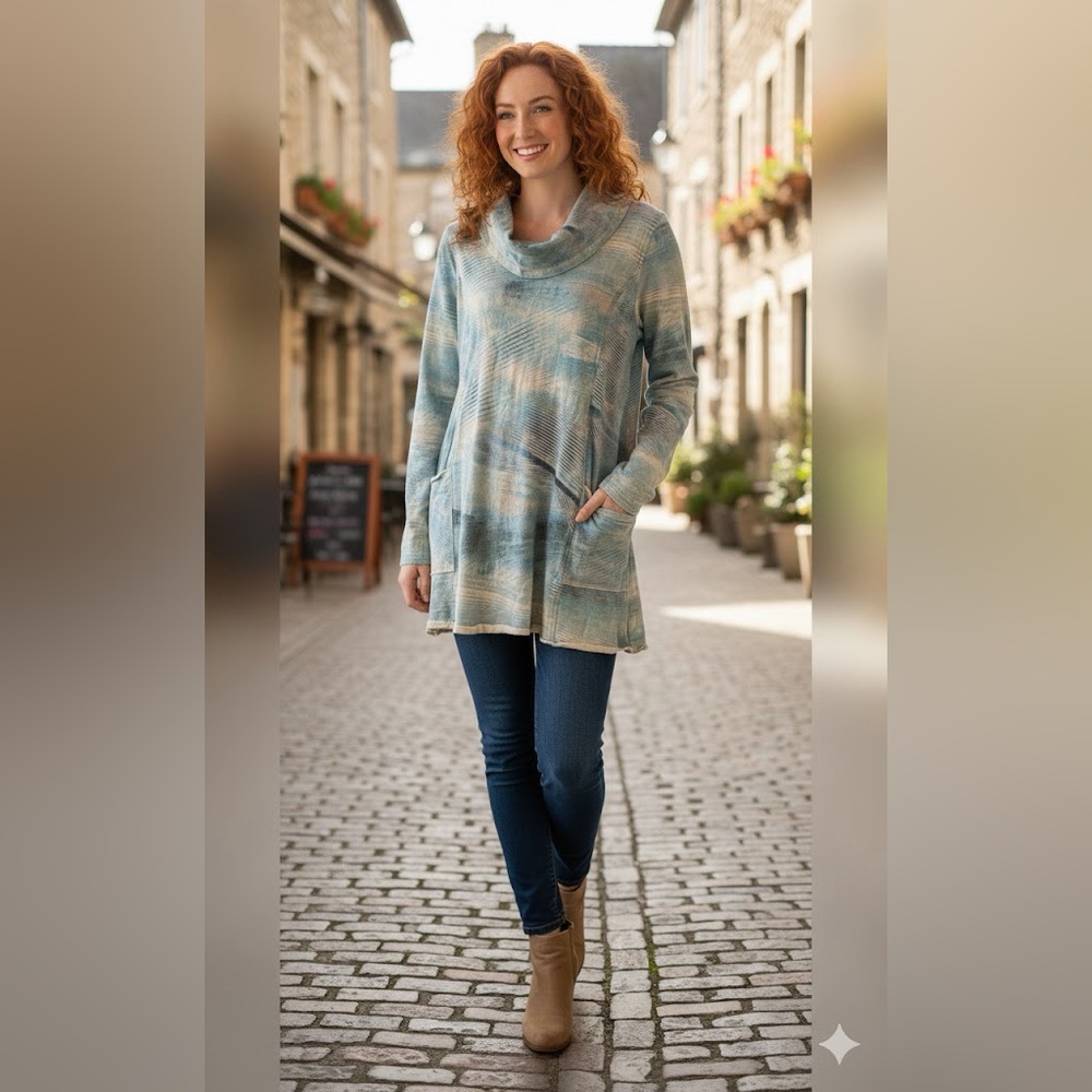 Chic Blue and White Cowl Neck Sweater